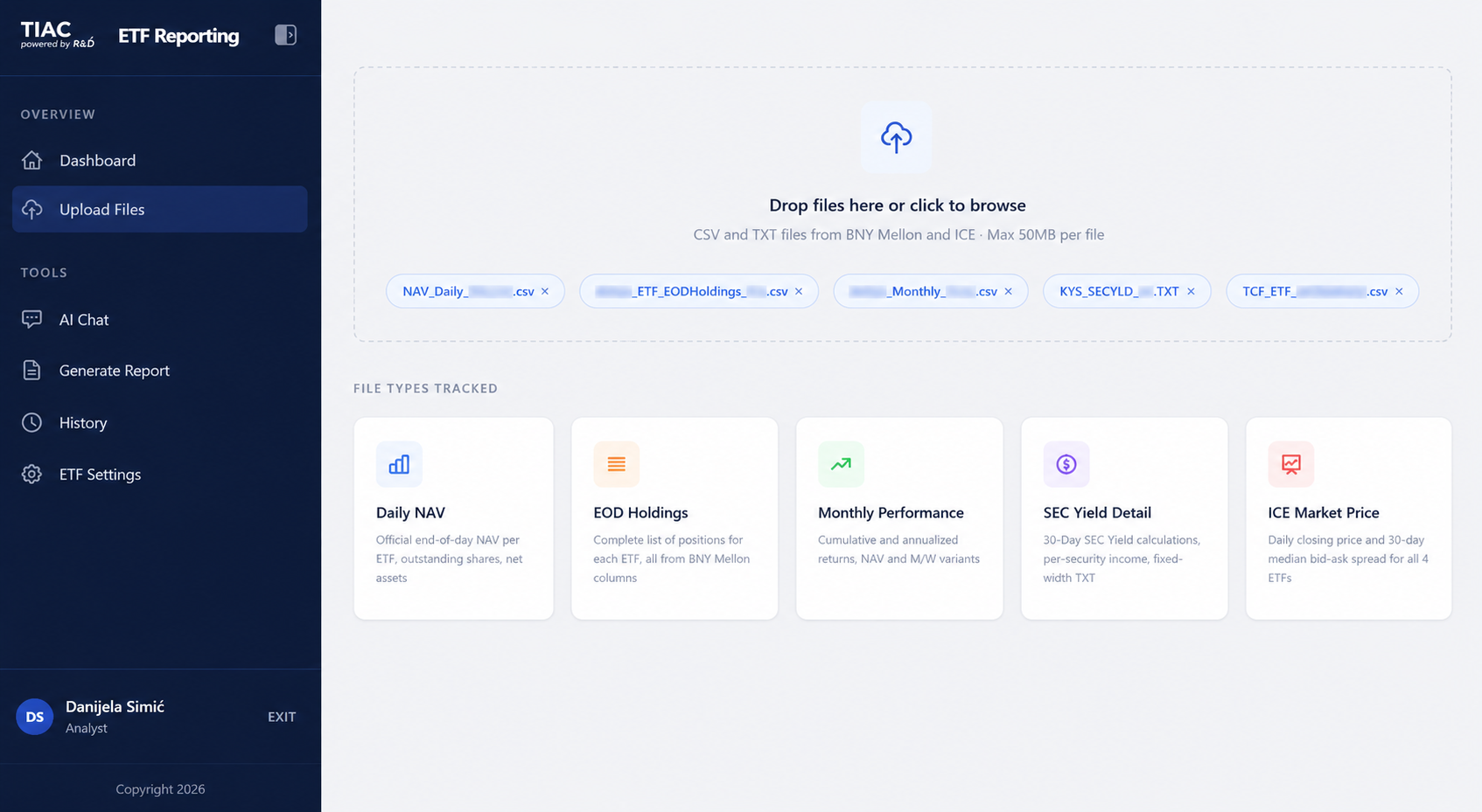 ETF Reporting Platform data ingestion screen