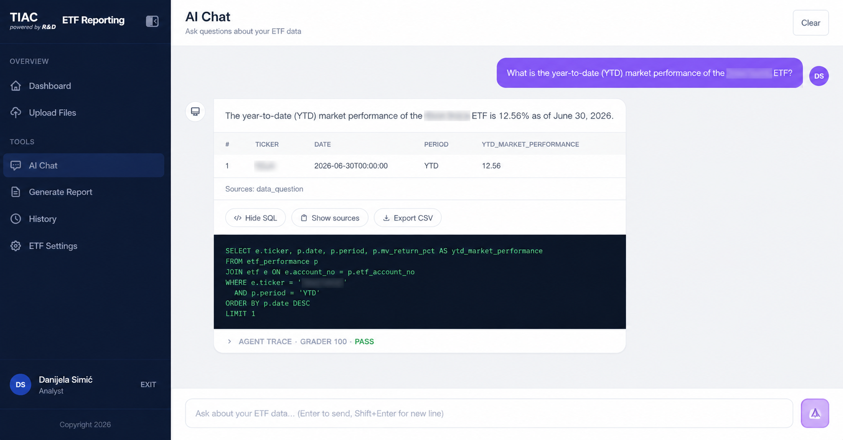 ETF Reporting Platform AI chat screen