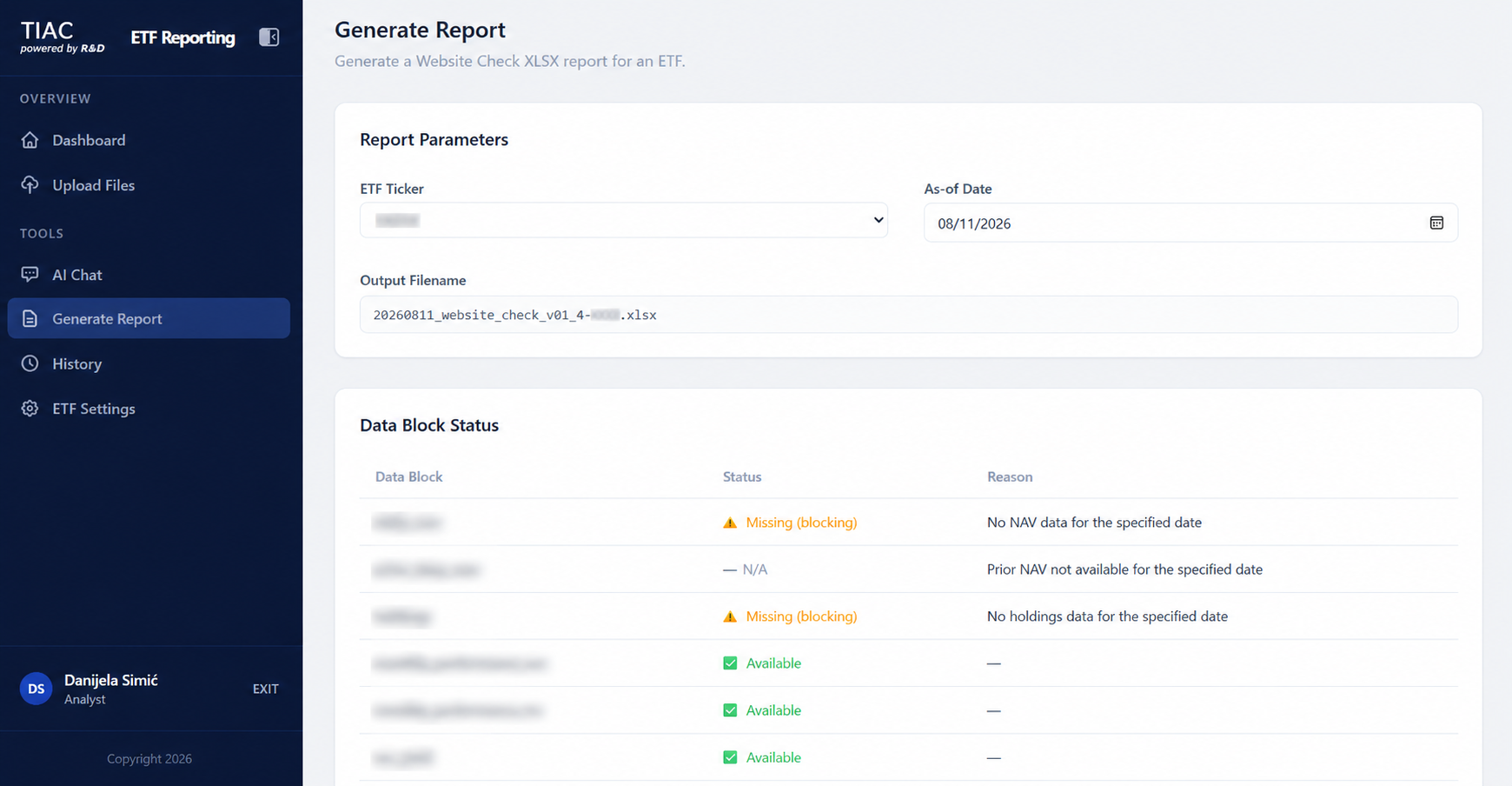 ETF Reporting Platform reporting screen
