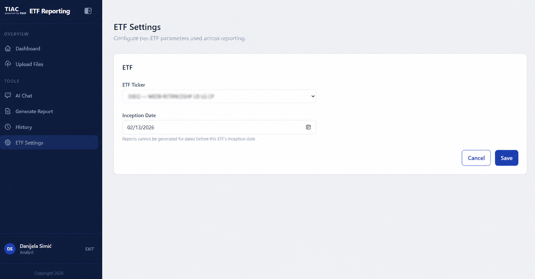 ETF Reporting Platform ETF management screen