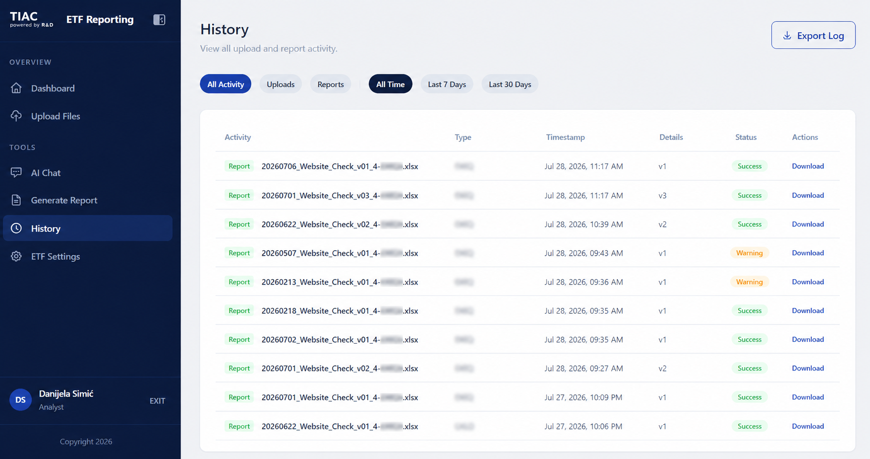 ETF Reporting Platform history and audit screen